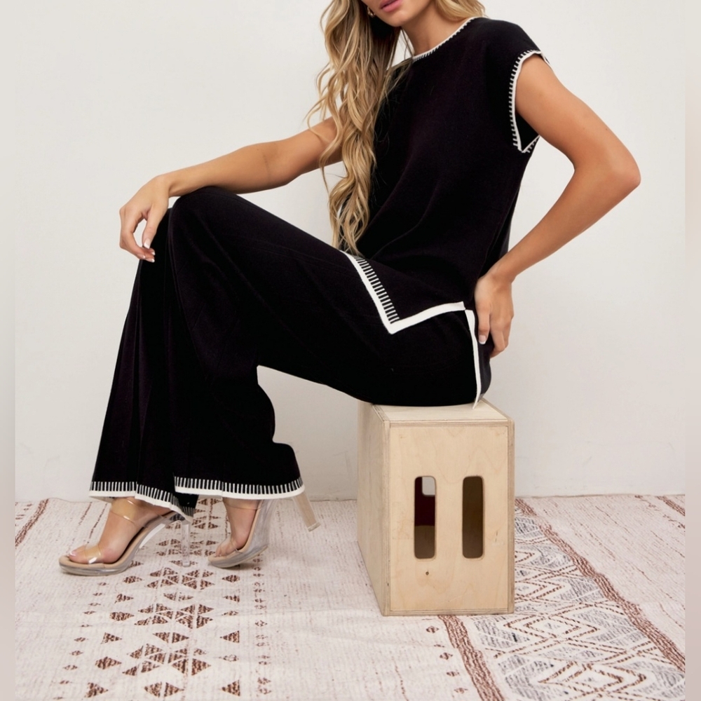 #51587 🛑L HIGH END Knit Sleeveless Top & Pants Set w/ Contrast - Picture 6 of 6